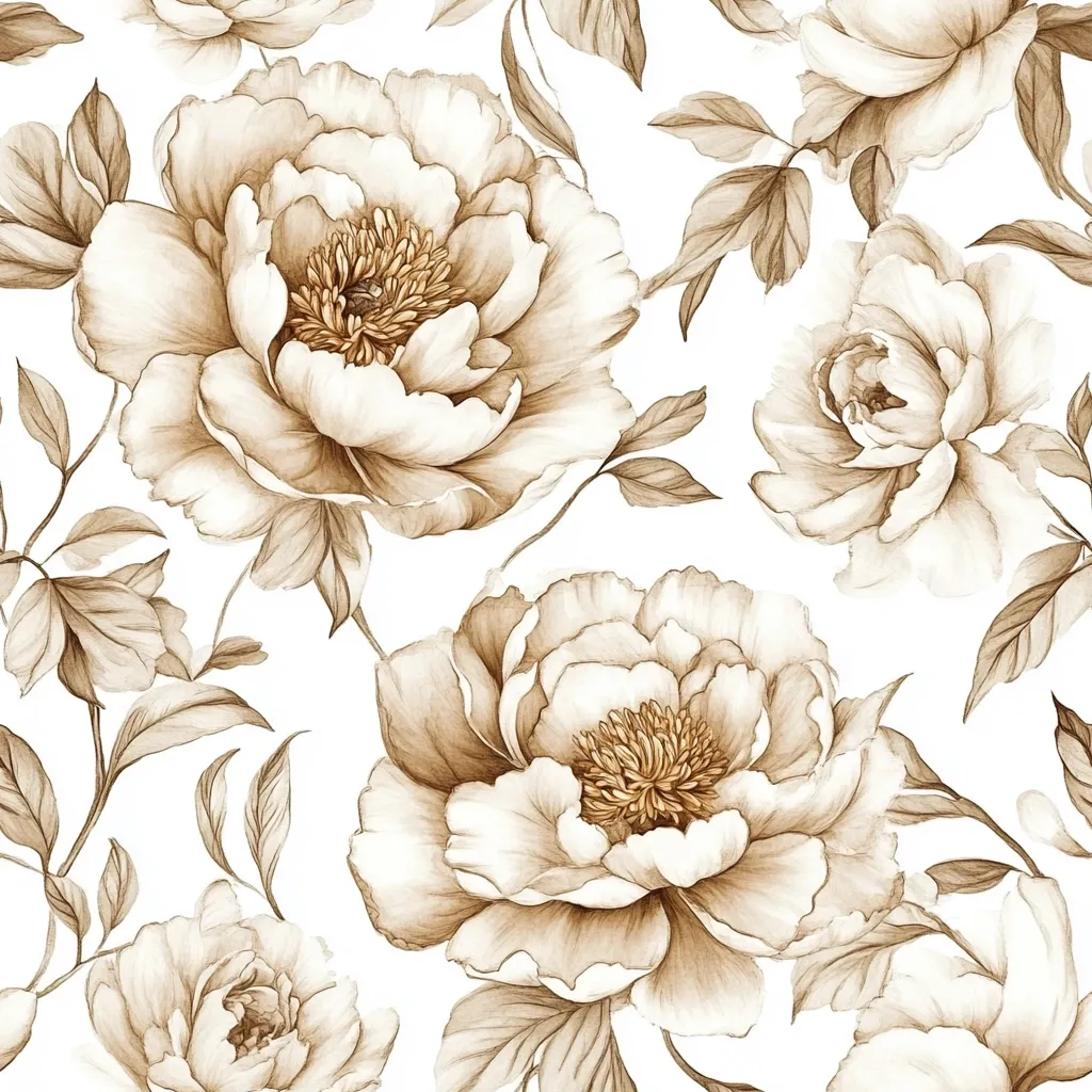 Here's a description of the image:

The image is a seamless pattern featuring large, meticulously rendered peonies in sepia tones against a white background. The peonies are depicted with intricate detail, showcasing their layered petals and delicate stamens.  Accompanying the blooms are slender, detailed leaves and stems, adding to the elegant, botanical feel. The overall style is reminiscent of vintage botanical illustrations or watercolor paintings, with a muted and sophisticated color palette. The pattern is visually appealing and would be suitable for various design applications.