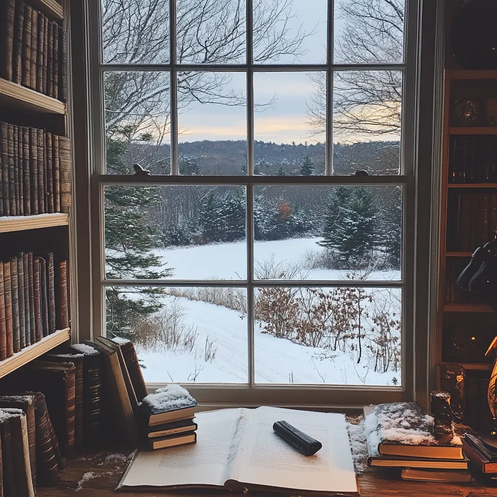 Here's a description of the image:

A cozy reading nook is nestled beside a large window overlooking a snow-covered winter landscape.  The window, divided into multiple panes, frames a view of a tranquil snowy field, bordered by snow-dusted trees and a distant, softly lit hillside.  On a wooden window seat, an open book rests, accompanied by a stack of other books, some with snow resting on their tops.  Bookshelves filled with antique-looking volumes flank the window, adding to the ambiance of a quiet, studious retreat.  The overall mood is peaceful and serene.