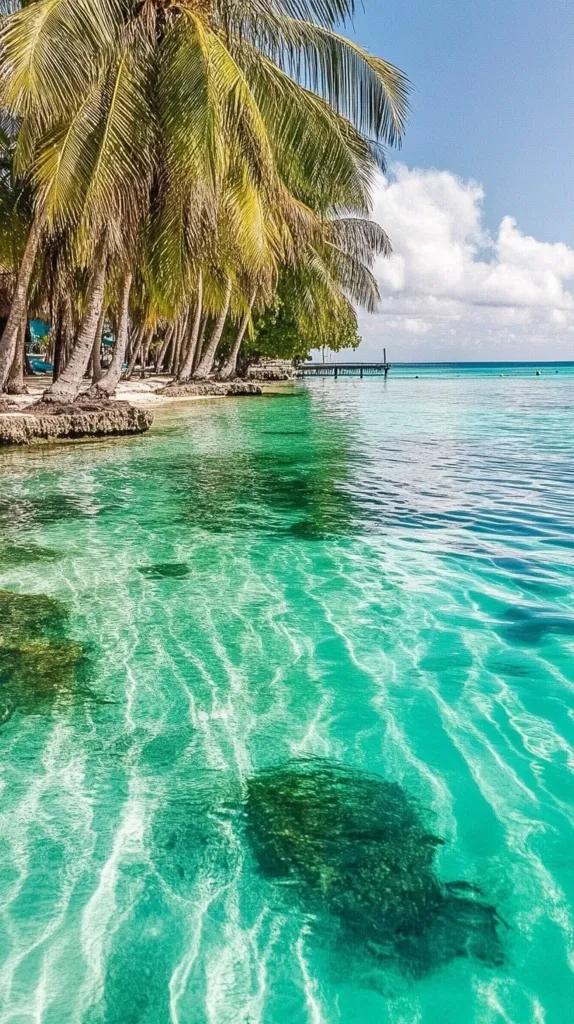 A picturesque tropical beach scene unfolds, showcasing a row of lush coconut palm trees lining a pristine, white sandy shore. The incredibly clear, turquoise water reveals the seabed below, its surface gently rippled by a light breeze.  A small pier is visible in the distance, adding to the idyllic and tranquil ambiance of this paradise. The sky is a brilliant blue, punctuated by fluffy white clouds. The overall image evokes a sense of serenity and escape.