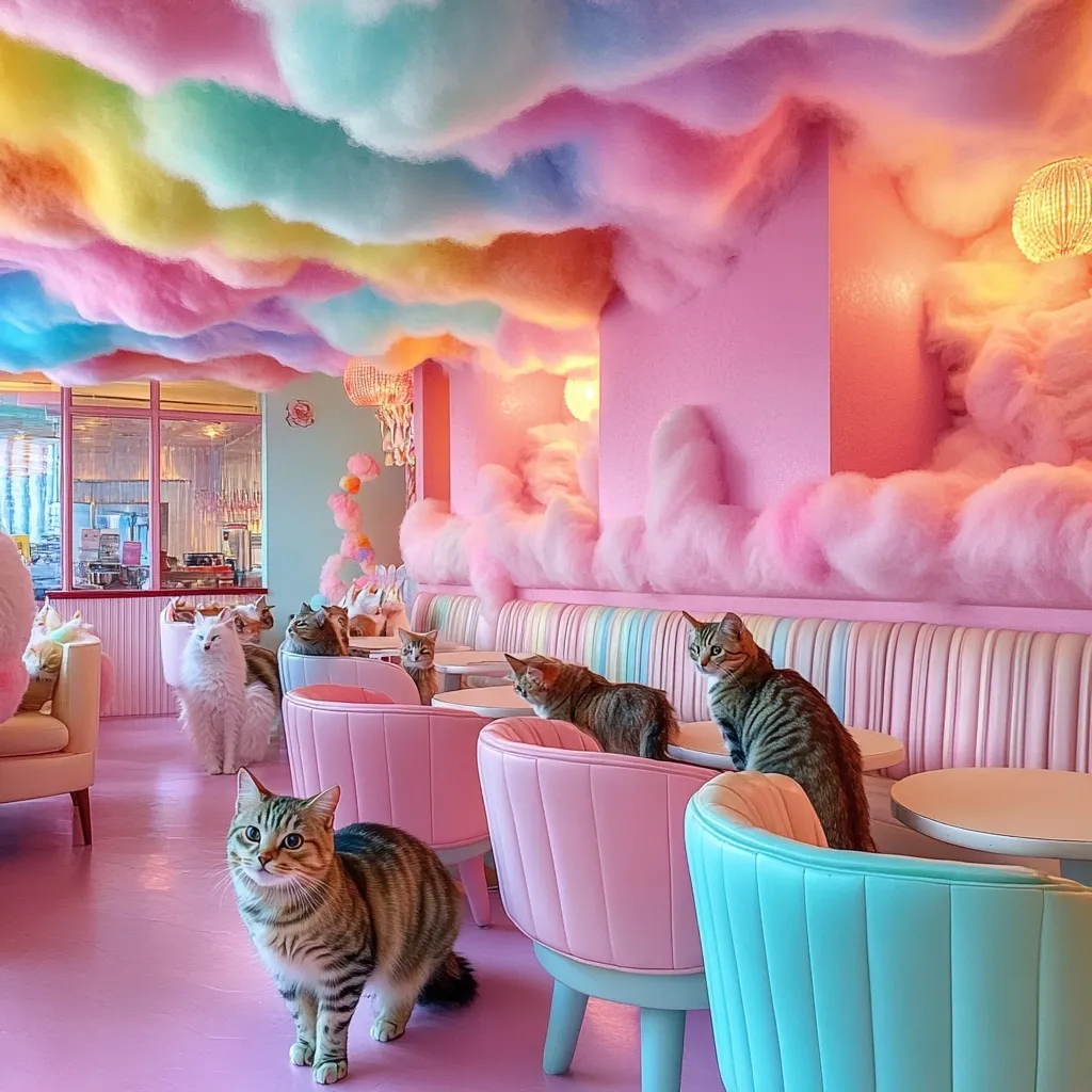 A whimsical cat cafe boasts a pastel pink interior, adorned with fluffy, rainbow-colored clouds hanging from the ceiling.  Pink and teal upholstered chairs and small tables are scattered throughout the space.  Several cats of varying breeds and colors are comfortably lounging on the furniture, creating a charming and playful atmosphere.  The overall design is incredibly cute and Instagrammable, ideal for cat lovers seeking a unique cafe experience.