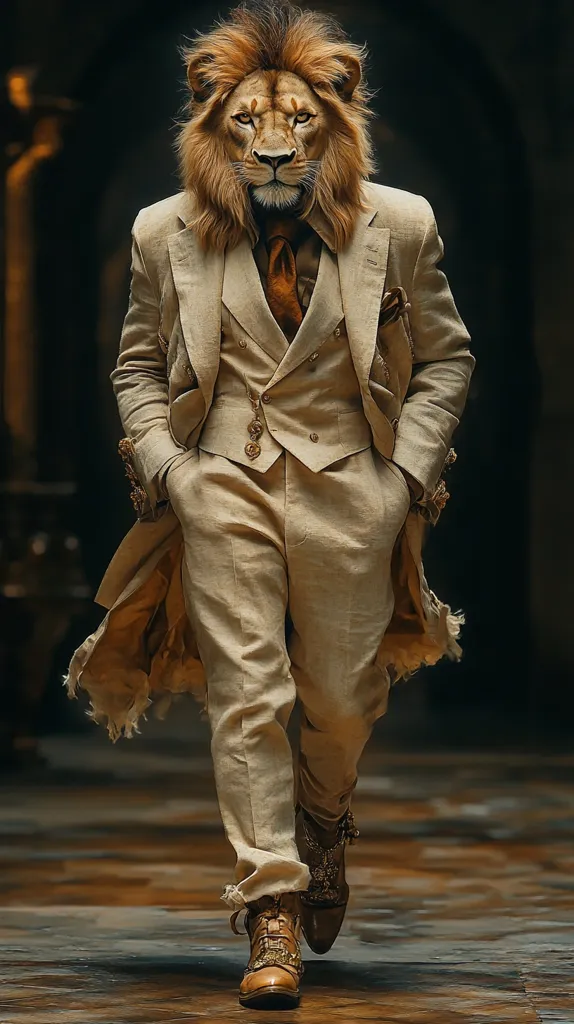 Here's a description of the image:

The image showcases a striking digital creation: a lion's head seamlessly blended onto a human body.  The figure is elegantly dressed in a tan, three-piece suit, complete with a gold-toned tie and ornate, embellished boots.  The lion's mane flows naturally over the shoulders of the suit, adding a surreal and majestic touch. The subject walks confidently, the overall effect is one of sophisticated wildness, blending high fashion with untamed power. The background is a dark, blurred space, drawing focus to the central figure.