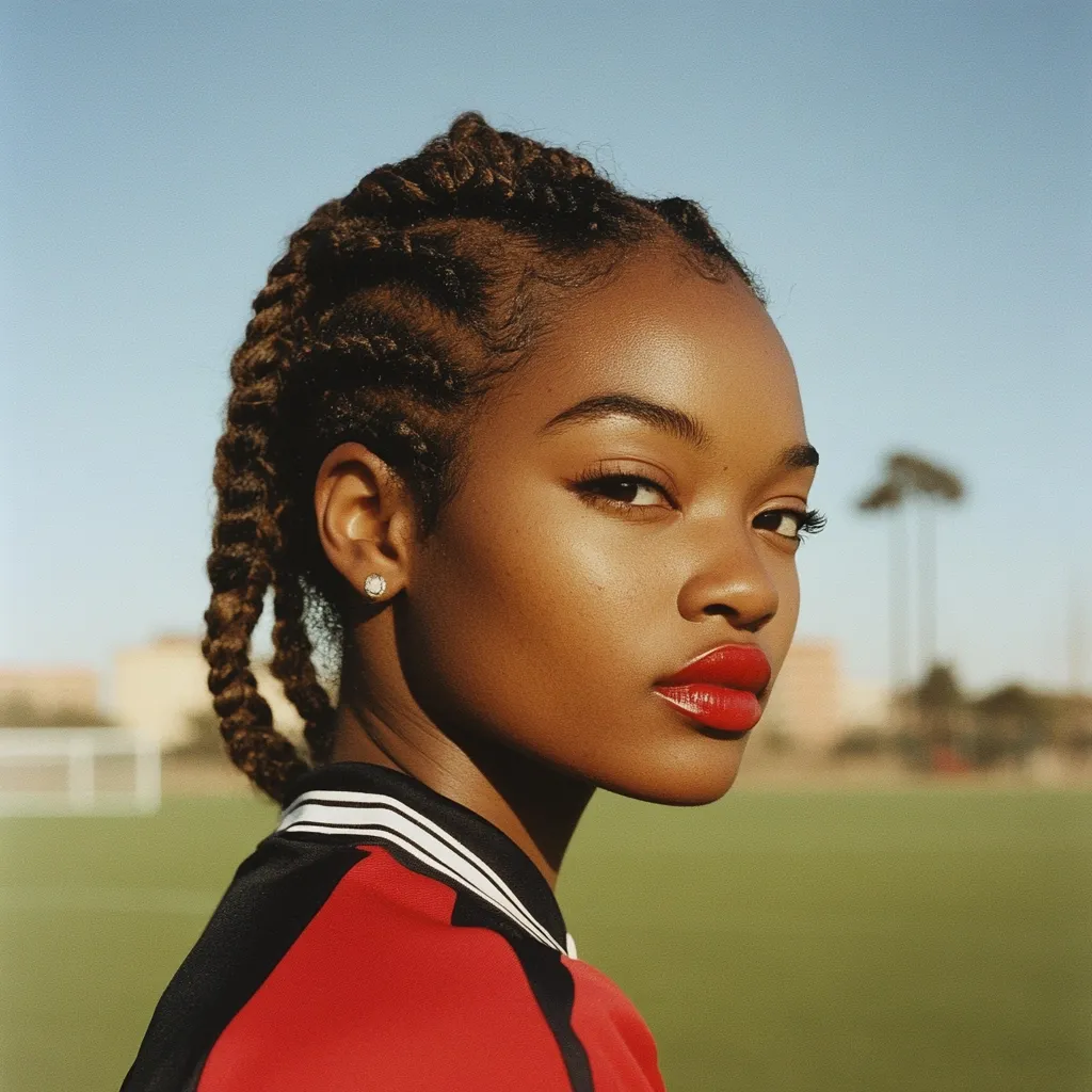 Here's a description of the image:

Close-up portrait of a young Black woman with her head turned slightly away from the camera. She sports two long, neatly braided pigtails that frame her face. Her makeup is subtly dramatic, featuring defined eyes and a bold red lipstick. She wears a red and black jacket, and a small earring is visible in her left ear. The background is slightly blurred, showing a grassy field and a hint of buildings under a clear, bright sky, suggesting an outdoor setting. The overall impression is one of beauty, confidence, and subtle strength.