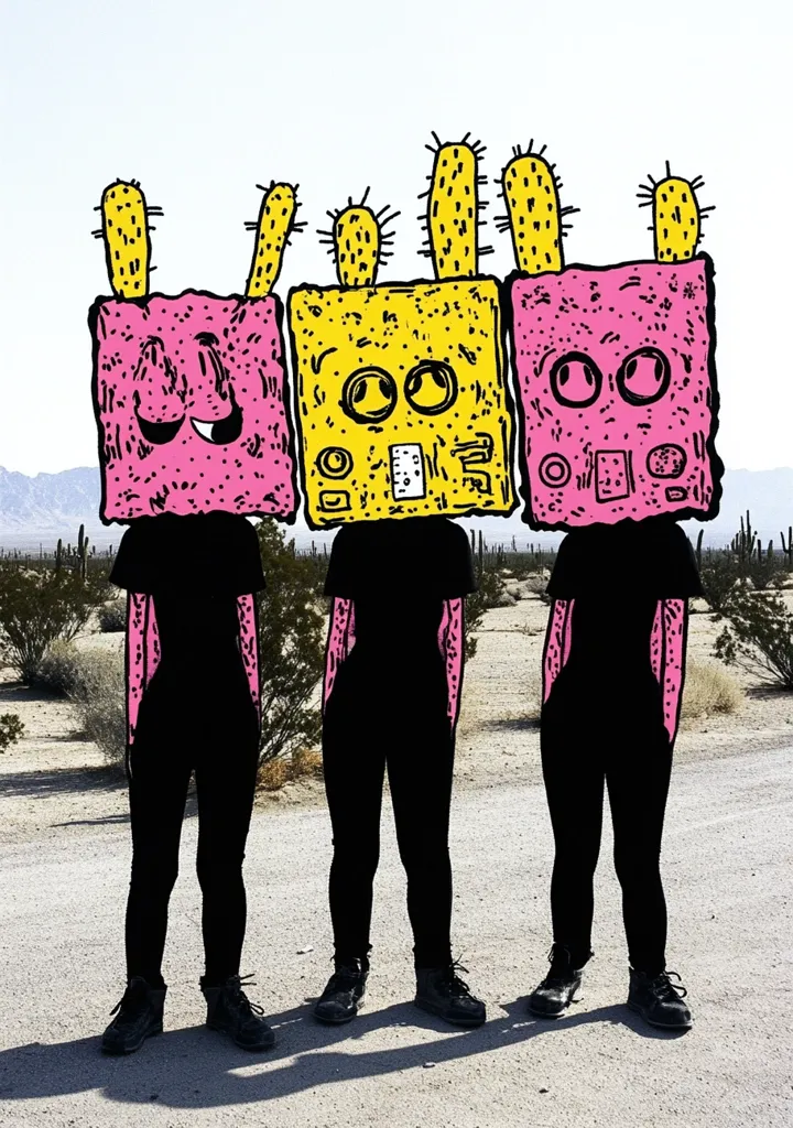 Three figures stand in a desert landscape, their heads replaced by cartoonish, box-shaped masks.  The masks are pink and yellow, adorned with cactus-like appendages.  The figures wear black clothing and sturdy boots, creating a stark contrast against the pale desert background. The overall style is playful and surreal, juxtaposing cartoonish imagery with a realistic setting.  The image suggests a sense of whimsical absurdity.