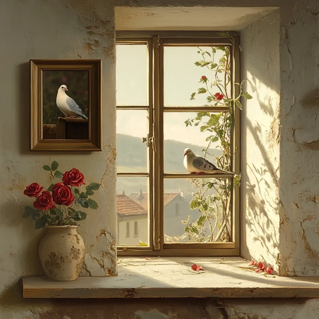 Sunlight streams into a rustic room through a window, illuminating a peaceful scene.  A white dove perches on the windowsill, mirroring a framed painting of a similar bird.  A vase of red roses sits on the window ledge, adding a splash of vibrant color to the muted tones of the room.  The window reveals a charming, distant village nestled in a sun-drenched landscape. The overall impression is one of tranquility and quiet beauty.