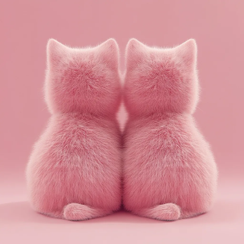 Here's a description of the image:

The image shows two fluffy, pink kittens sitting back-to-back against a solid pink background.  Their fur is extremely soft-looking and dense, appearing almost plush. The kittens are identical in size and appearance, and their tails are visible between their rounded bodies. The overall aesthetic is cute and minimalist, creating a gentle and calming feeling.