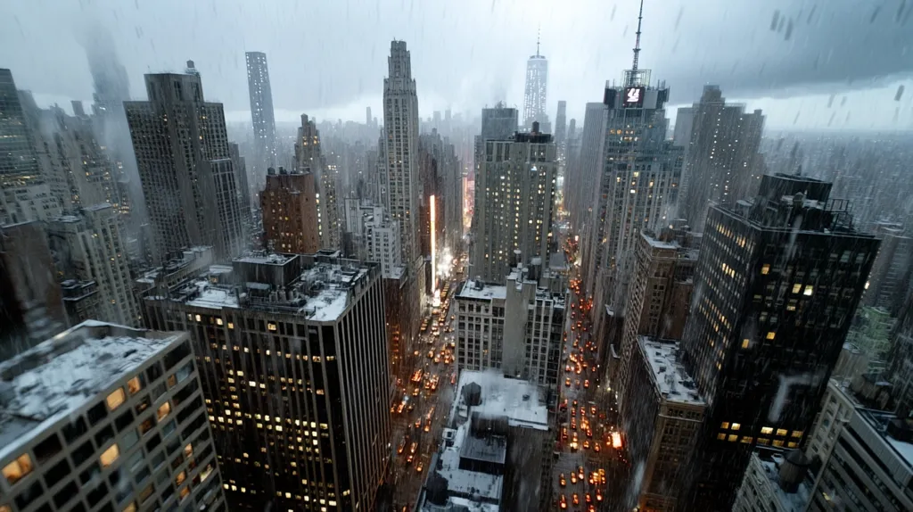 Here's a description of the image:

A high-angle, long shot captures a dense cityscape under a heavy downpour.  Numerous skyscrapers, varying in height and architectural style, fill the frame.  The rain streaks down, obscuring some details while highlighting the city lights that illuminate the streets below.  A mix of gray and dark tones dominates the image, emphasizing the somber mood of the rainy day.  Some rooftops show a light dusting of snow or sleet, indicating a cold, possibly wintry, atmosphere.  The overall impression is one of urban density and a dramatic, atmospheric weather event.