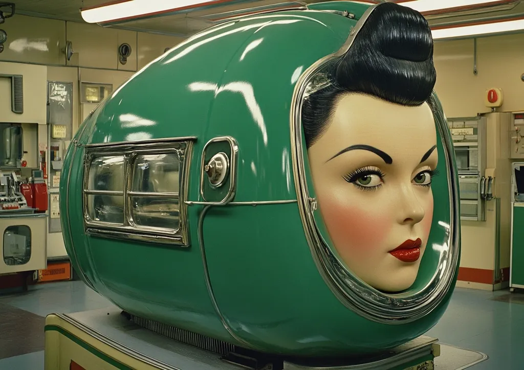 Here's a description of the image:

The photograph showcases a striking juxtaposition of a vintage aesthetic and futuristic elements.  A woman's meticulously styled head, reminiscent of 1950s glamour, is encased within a sleek, teardrop-shaped, metallic green pod. The pod is reminiscent of a futuristic machine or vehicle, with chrome detailing and a window providing a view of the woman's face.  The background reveals a retro-styled industrial or laboratory setting, enhancing the surreal and slightly unsettling nature of the composition. The overall effect is one of calculated artistic contrast and a hint of vintage science fiction.