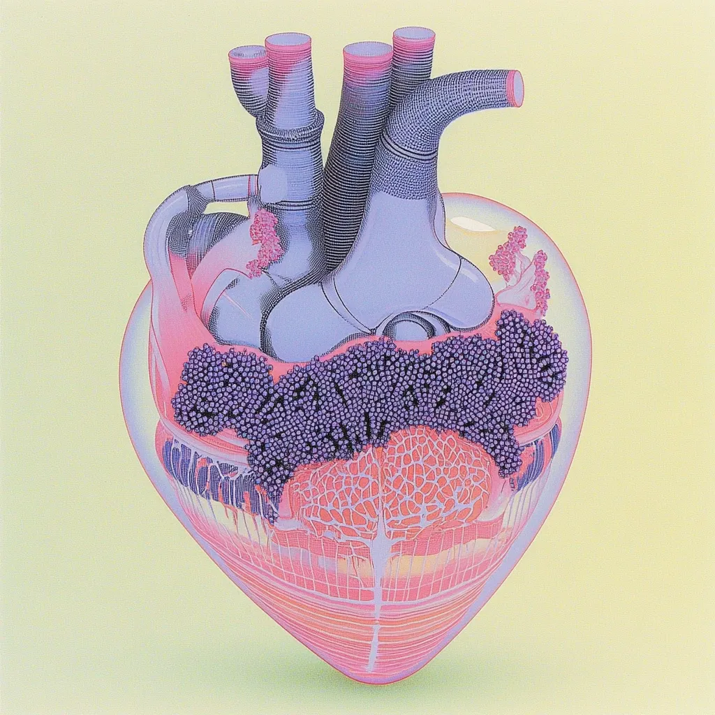 Here's a description of the image:

The illustration depicts a stylized, cutaway view of a human heart.  The heart's chambers and valves are visible, rendered in shades of pale pink and lavender.  The image highlights the heart muscle's intricate structure.  Clusters of small, purple spheres are concentrated around the heart's interior, likely representing cells or microscopic structures. The overall style is detailed and almost mechanical in its representation of the heart's complex anatomy.  The pastel background complements the soft colors of the heart's components.
