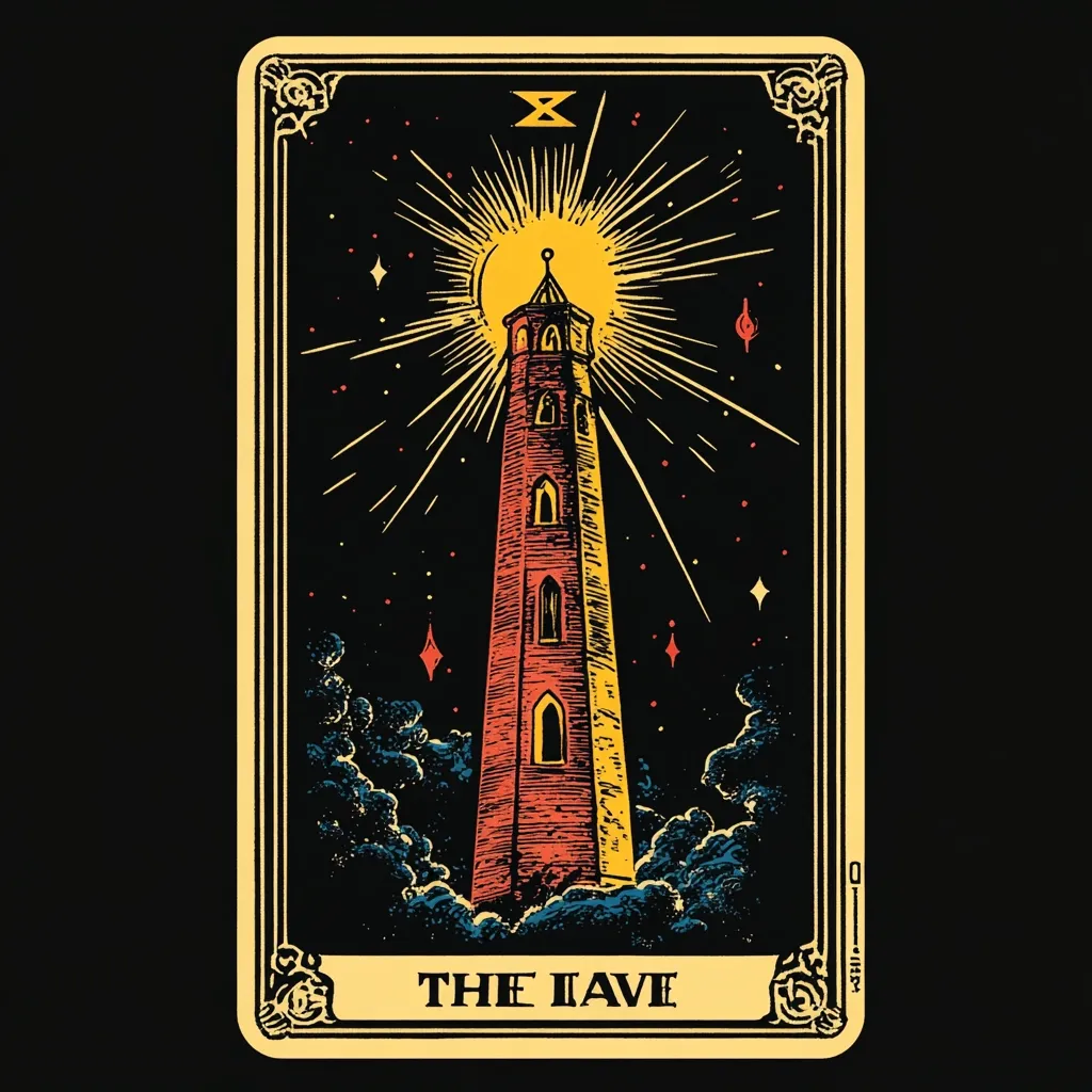 This image is a stylized depiction of a tarot card, specifically "The Iave."  The card features a tall, red-brick tower, possibly a lighthouse, bathed in bright, radiating light against a dark night sky speckled with stars.  The art style is reminiscent of vintage woodcuts or engravings, with bold lines and a limited color palette. The overall effect is mystical and atmospheric, hinting at themes of guidance, revelation, or spiritual illumination.  The card's ornate border adds to its antique and esoteric feel.