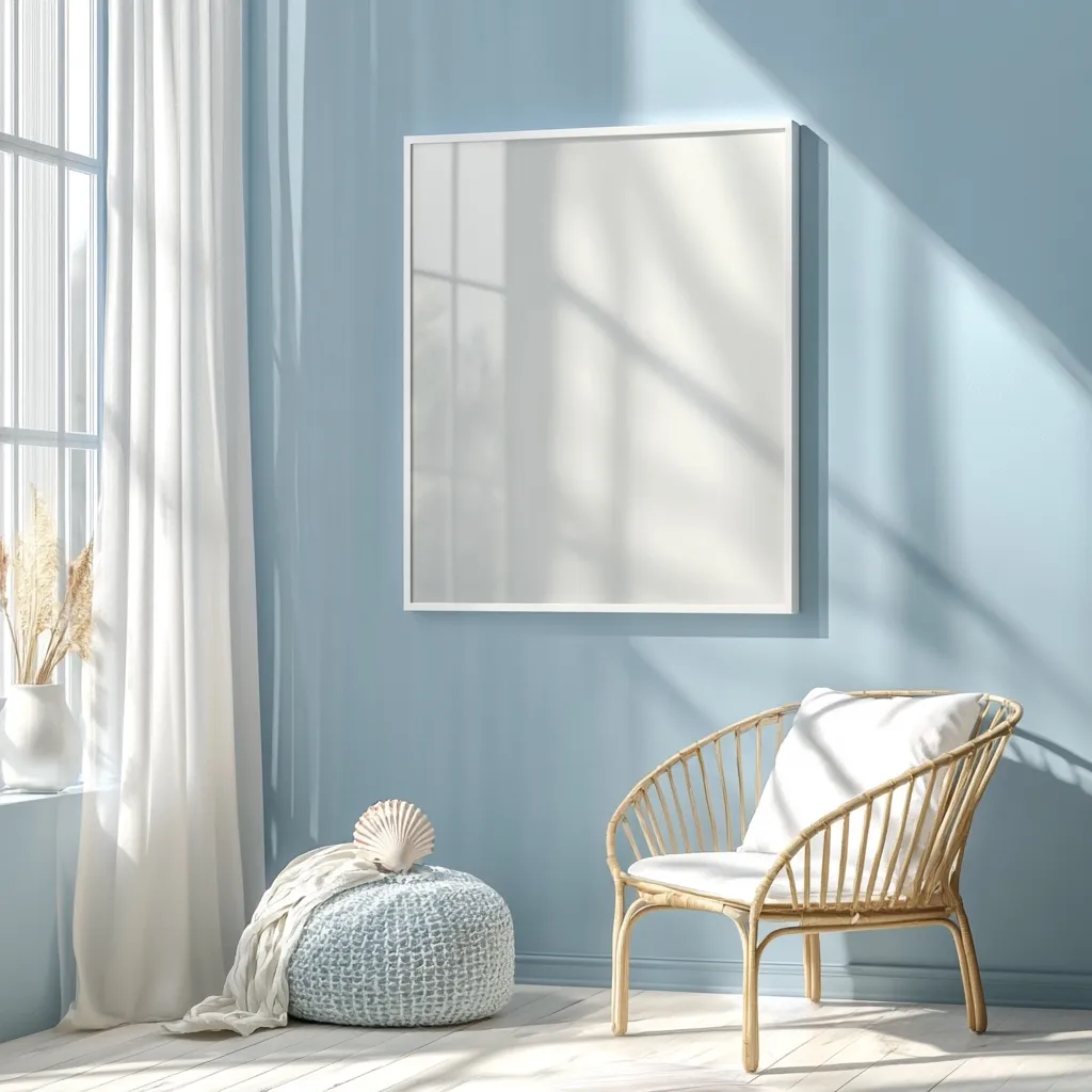 A sunlit room in calming shades of blue features a large, blank square frame on the wall.  A light-colored, woven chair with a white cushion sits in the corner, beside a pale blue knitted pouf adorned with a seashell.  Sheer white curtains hang by a window, adding to the serene and minimalist aesthetic.  Dried flowers in a white vase add a touch of nature. The overall ambiance is peaceful and tranquil.