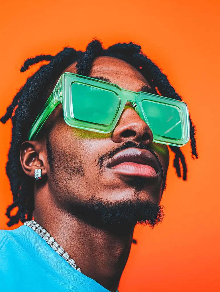 Close-up portrait of a young Black man with dark locs, wearing oversized bright green square sunglasses. He has a goatee and is adorned with a diamond-studded necklace and small earrings. His gaze is directed upward, and the vibrant orange background contrasts sharply with his attire and accessories, creating a bold and stylish image. The overall mood is one of confident coolness.
