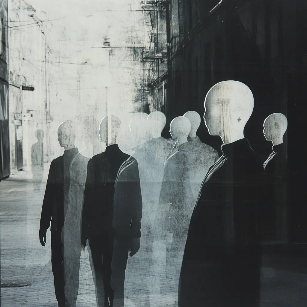 A monochromatic image depicts a procession of figures walking down a dimly lit alley. The figures are rendered with a ghostly, translucent quality, their forms overlapping and merging. Their heads are bald and pale, contrasting with their dark clothing. The background suggests an urban setting, with aged buildings and textured walls. The overall atmosphere is one of mystery and anonymity, evoking a sense of unease and surrealism. The image’s composition creates depth and a sense of movement.