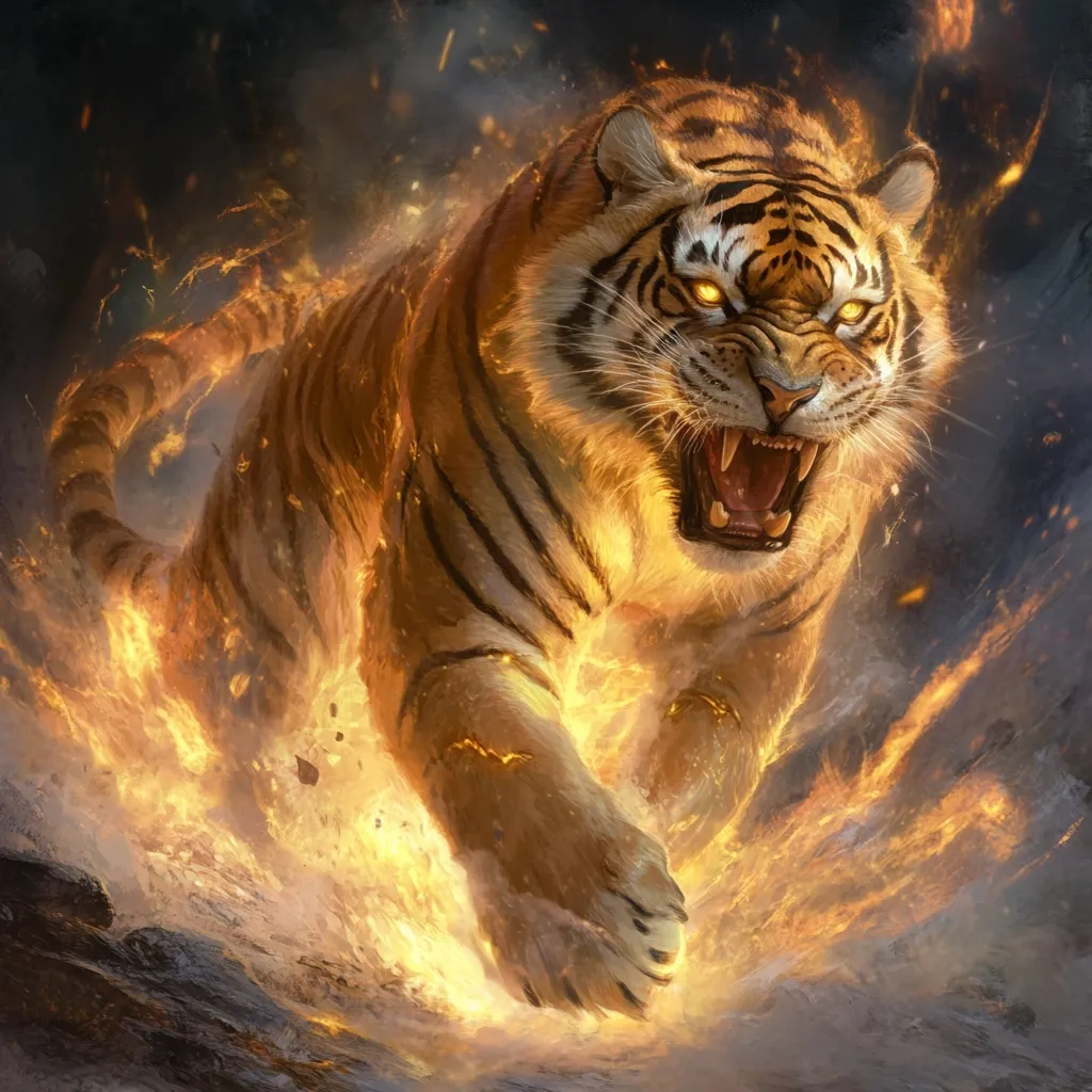 A powerful, snarling tiger, rendered in vibrant detail, is depicted engulfed in flames.  Its orange and black stripes are accentuated by the fiery glow, which seems to emanate from within its body. The tiger is in motion, its paws impacting a churning, fiery ground, suggesting immense power and untamed energy. The dark background contrasts sharply with the bright flames, focusing attention on the majestic beast. The overall impression is one of fierce majesty and untamed strength.