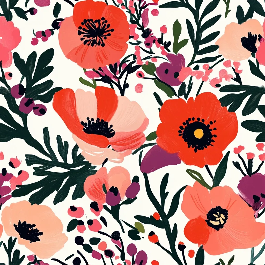 Here's a description of the image:

The image showcases a vibrant floral pattern on a white background.  Large, stylized poppy-like flowers in shades of coral, orange, and peach dominate the design.  Their centers are dark, almost black, providing a strong contrast to the bright petals.  Dark green foliage with a painterly, slightly abstract style fills the spaces between the blooms.  Small clusters of pink and purple berries or buds add further detail and color. The overall effect is bold, colorful, and slightly impressionistic.
