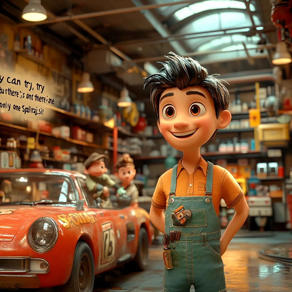 Here's a description of the image:

The image is a digitally rendered still from an animated film, likely a children's movie, showing a cheerful, cartoonish boy in overalls standing in a cluttered garage. He has dark hair, large expressive eyes, and a bright smile.  He's positioned in front of a vintage, rusty red race car with the number "25" on its side. Two smaller cartoon figures, possibly children, are seated in the car's back. The garage background is filled with shelves of tools and parts, creating a busy, workshop atmosphere. Text overlayed on the image suggests a unique character or brand named "Spoliraj.si". The overall style is vibrant and warm, creating a friendly and inviting scene.
