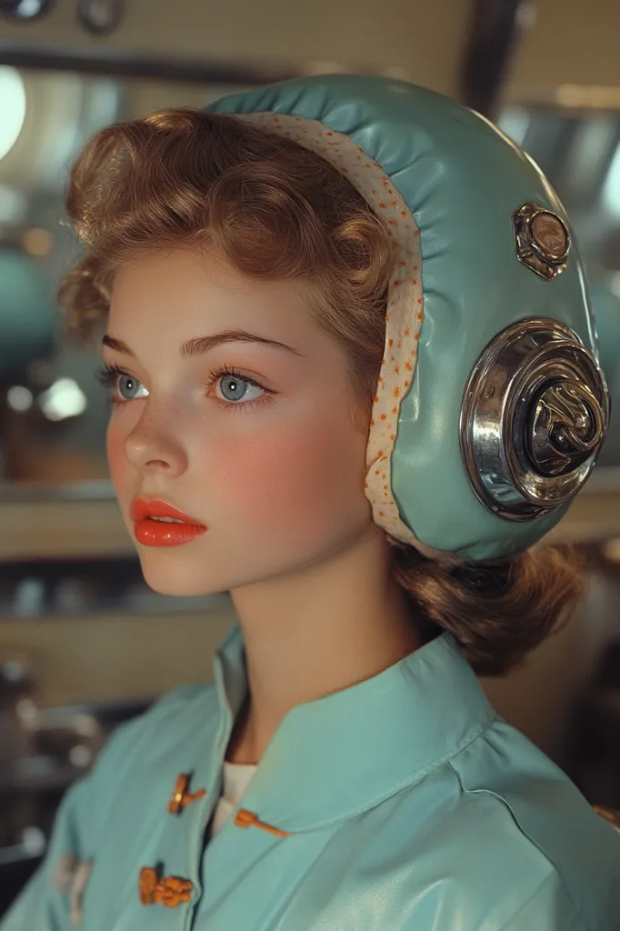 Here's a description of the image:

A young woman with fair skin and rosy cheeks is the focal point, her blonde hair styled in soft curls. She wears a light teal, retro-style helmet, possibly for a hair treatment, and a matching teal jacket.  The helmet has a metallic, circular detail on the side, suggesting a vintage or futuristic aesthetic. Her expression is serene, and her gaze is directed to the side. The background is blurred, suggesting a salon or similar setting with muted colors, enhancing the model's prominence. The overall tone is soft, nostalgic, and slightly surreal.