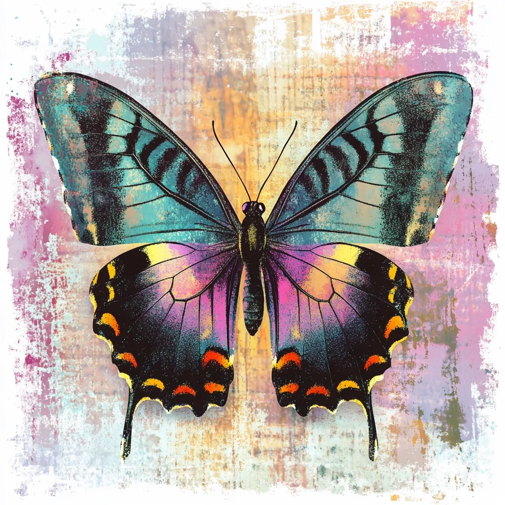 Here's a description of the image:

The image showcases a vibrantly colored butterfly, rendered in a style that blends realistic detail with painterly effects.  Its wings are predominantly teal and purple, with striking orange and black accents along the edges and body.  The butterfly is centrally positioned against a textured, grunge-style background in muted pastel shades of pink, purple, orange and beige, giving the piece a vintage or antique feel. The overall effect is one of both delicate beauty and artistic expression.