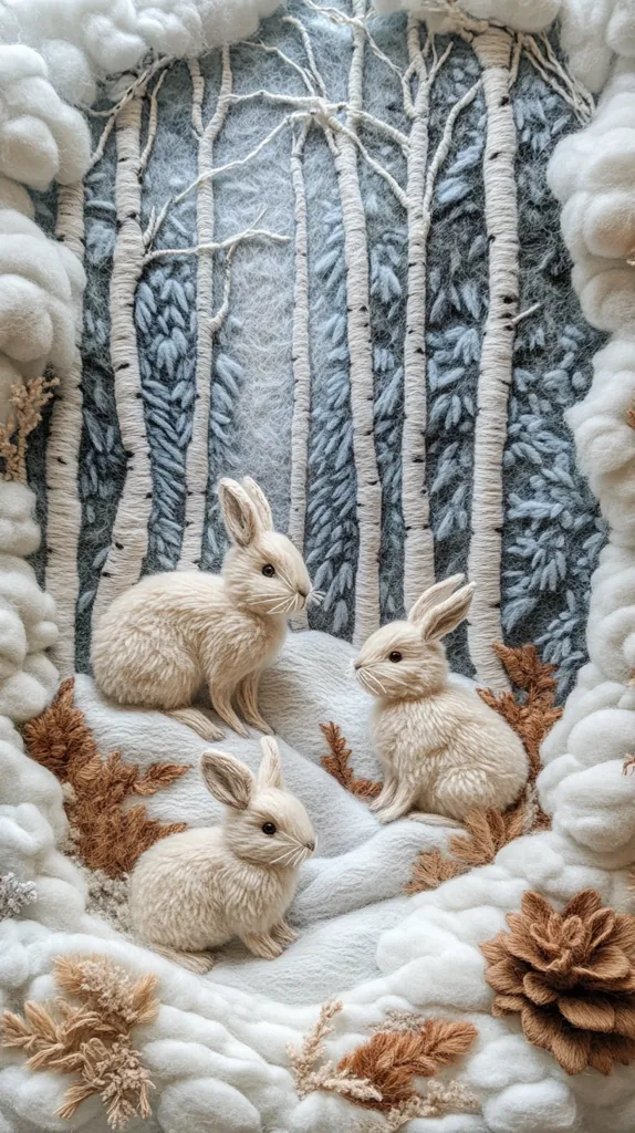 Here's a description of the image:

A meticulously crafted textile artwork depicts three fluffy white rabbits nestled in a snowy, wintery scene.  The rabbits are realistically rendered, their fur seemingly textured with needlework. They sit amidst stylized, embroidered birch trees against a cool-toned background, which is further enhanced by textured white wool representing clouds or snowdrifts.  Brown sprigs and a pinecone add natural detail to the base, completing the serene and wintry forest tableau. The overall effect is one of charming realism and delicate artistry.