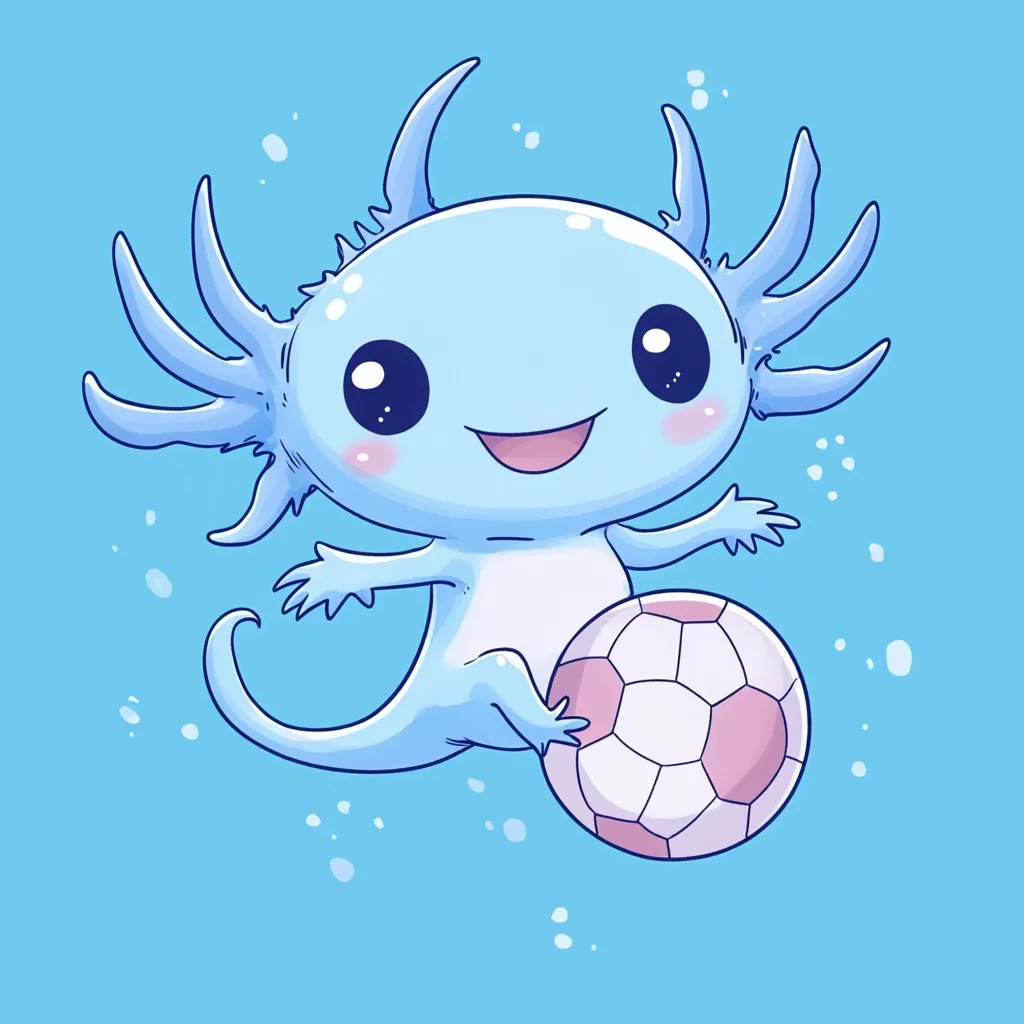 Here's a description of the image:

The illustration depicts a light-blue axolotl, rendered in a cute, cartoon style, with large, expressive eyes and a cheerful smile.  Its feathery gills extend outward, and it's depicted playfully kicking a small, pink and white soccer ball. The axolotl's body is a pale blue, contrasting nicely with the slightly darker blue background, which is dotted with small, white bubbles, suggesting an underwater setting. The overall style is whimsical and lighthearted.