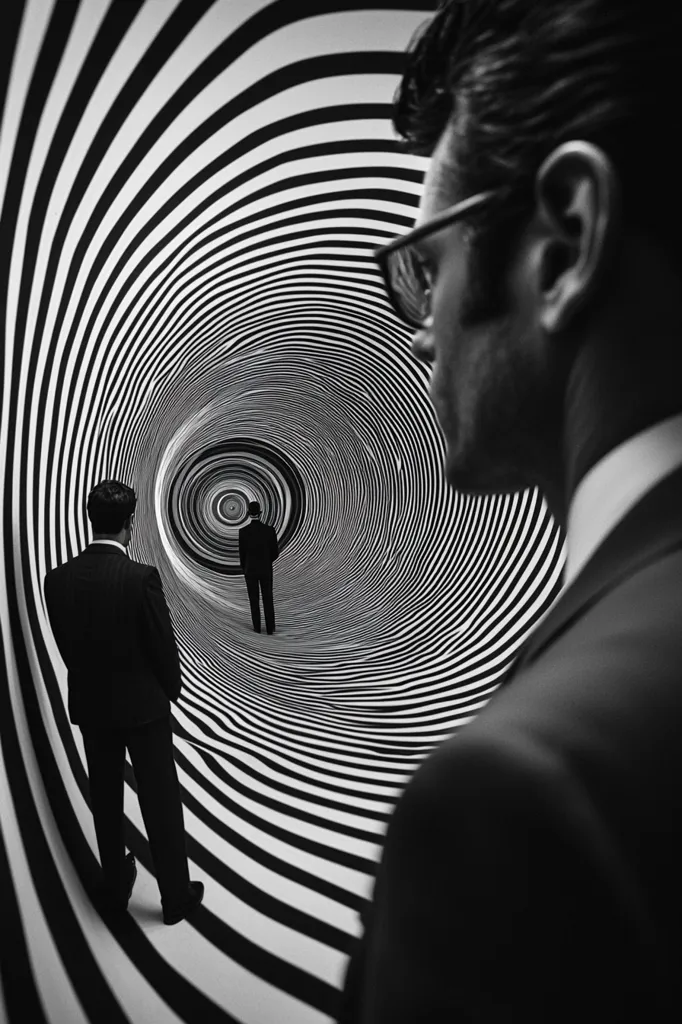 The image is a striking black and white photograph featuring a swirling, hypnotic tunnel of black and white stripes. Two men in dark suits stand in the distance within the tunnel, appearing small and distant.  The foreground is dominated by the back of a third man, also in a suit, his profile partially visible, suggesting a feeling of surveillance or observation. The overall effect is one of depth, mystery, and perhaps a sense of disorientation or perspective distortion. The stark contrast and graphic design elements create a powerful visual impact.