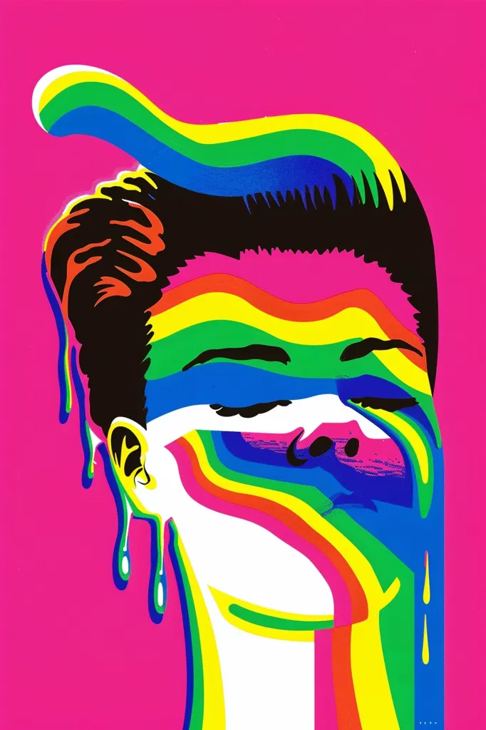 Here's a description of the image:

The artwork is a vibrant, stylized portrait of a person's head and shoulders against a hot pink background.  The style is reminiscent of Pop Art, with bold outlines and flat areas of color.  Rainbow-colored stripes, appearing as liquid paint, cascade down the face and hair, creating a sense of fluidity and energy.  The subject's eyes are closed, adding to a feeling of calm amidst the dynamic colors. The overall effect is bold, playful, and expressive.