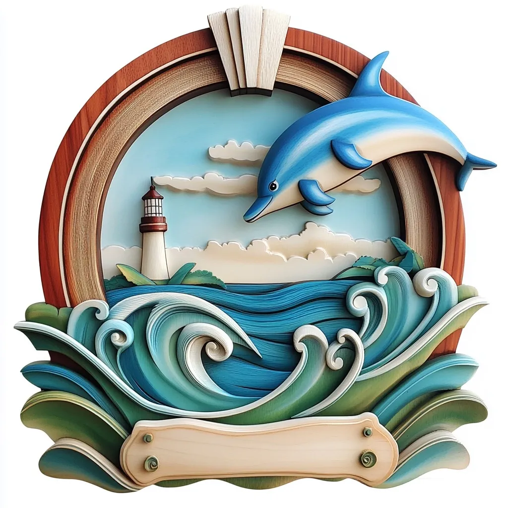 This intricately carved wooden wall art depicts a playful scene of a dolphin leaping over ocean waves.  A lighthouse stands on a small island in the background, under a light blue sky with fluffy clouds. The waves are realistically rendered with swirling patterns, and the dolphin is vibrantly colored, adding a whimsical touch. The piece is framed by a rich, reddish-brown wood, enhancing its nautical theme. A blank wooden plaque at the bottom provides space for personalization. The overall style is reminiscent of folk art or whimsical seaside decor.