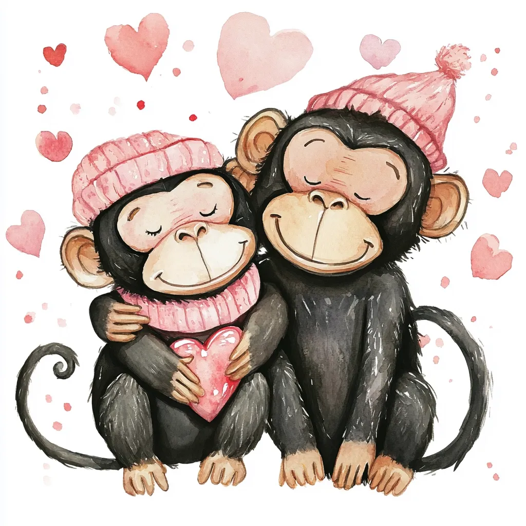 Here's a description of the image:

A watercolor painting depicts two adorable chimpanzees cuddled together, wearing pink knit hats and scarves.  The smaller chimp holds a pink heart, symbolizing love.  Both chimps have their eyes closed, conveying a sense of contentment and affection.  The background is dotted with pink hearts, enhancing the romantic Valentine's Day theme. The style is cute and whimsical, ideal for cards or children's illustrations.