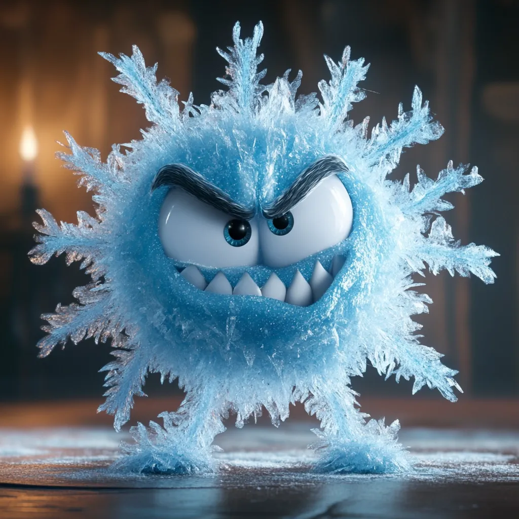 A digitally rendered, icy creature resembles a cartoon snowflake with a menacing expression. Its round, light blue body is covered in sharp, crystalline protrusions.  Large, expressive eyes and a sharp-toothed grin convey a furious demeanor. The creature stands on a dark, reflective surface, suggesting a cold, possibly magical, environment.  The overall image is striking and blends cute cartoon features with a chilling aesthetic.