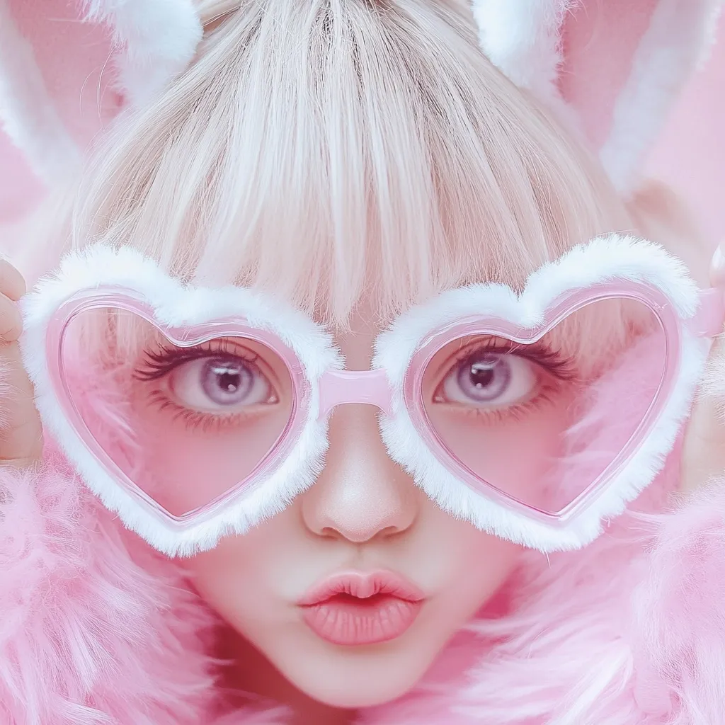 Close-up view of a person with platinum blonde hair and pink heart-shaped sunglasses with fluffy white trim.  They are wearing a fluffy pink jacket or coat that resembles fur.  Their expression is one of surprise or playful innocence, with slightly parted lips. The overall aesthetic is extremely soft, pastel, and cute, reminiscent of a doll or fantasy character.