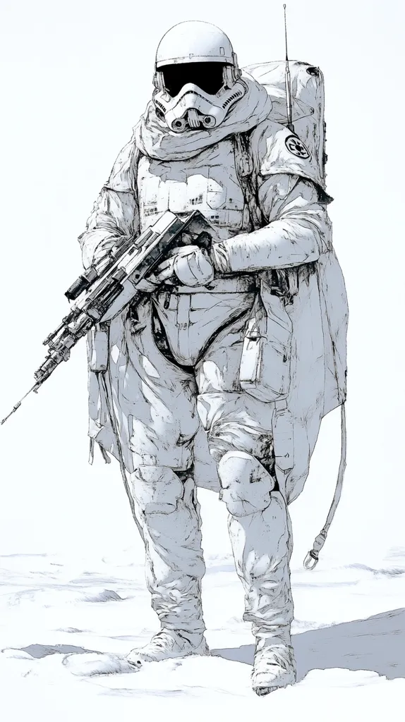 A stylized sketch depicts a First Order stormtrooper in a snowy landscape.  The trooper is heavily armored, clad in cold-weather gear including a bulky parka and high boots. He carries a long rifle and a backpack with an antenna. The illustration uses shading and linework to create a sense of depth and texture, with a predominantly monochromatic palette. The overall style suggests a gritty, realistic interpretation of the iconic Star Wars character.
