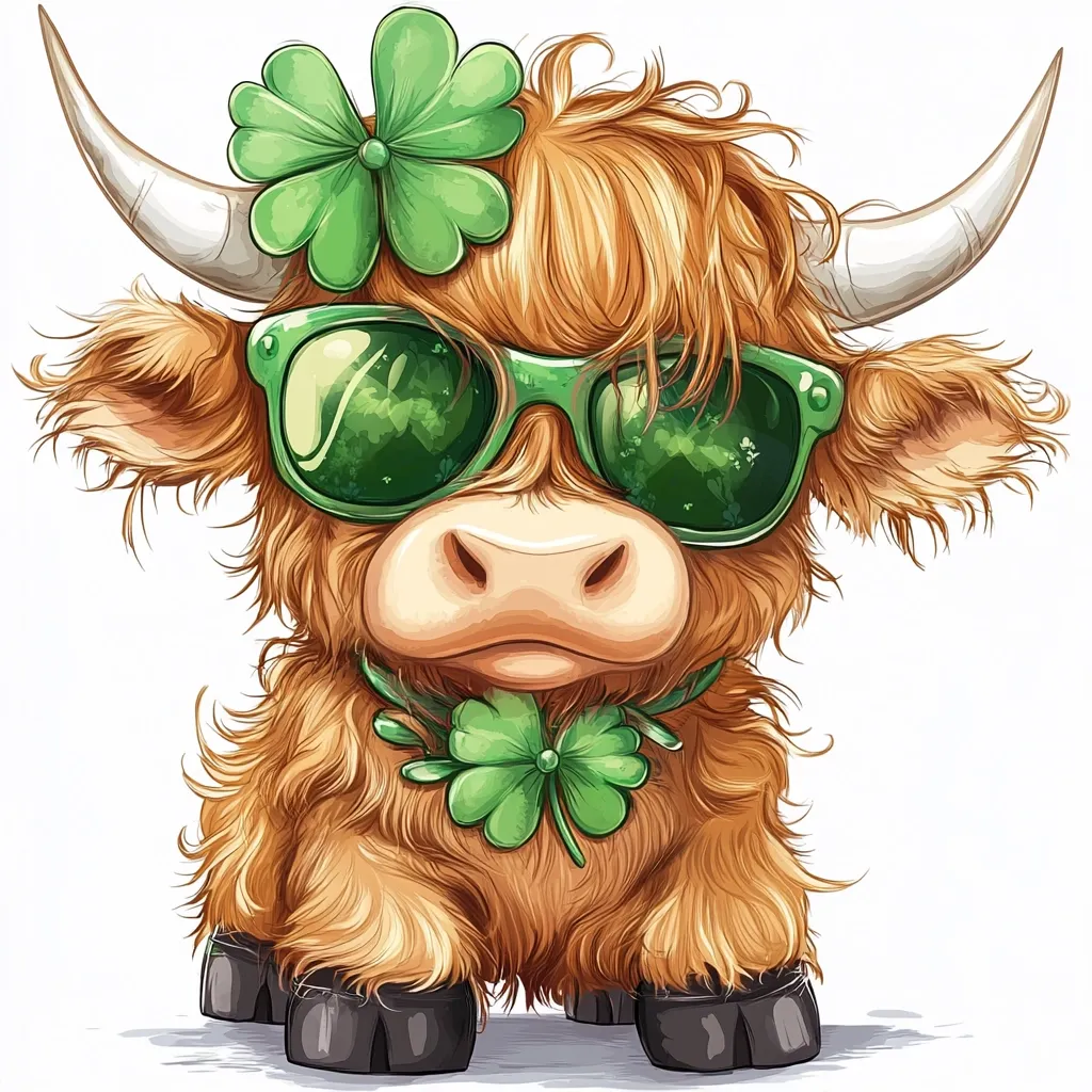 Here's a description of the image:

The illustration showcases a cute, cartoonish Highland cow calf.  Its long, fluffy, light brown fur is prominent.  The calf wears oversized green sunglasses, reflecting a verdant hue.  A shamrock adorns its head as a headband, and another is nestled around its neck like a bow tie.  The cow's horns are long and white, contrasting with its warm-toned coat. The overall style is whimsical and friendly, possibly geared toward children's products or St. Patrick's Day themed materials.