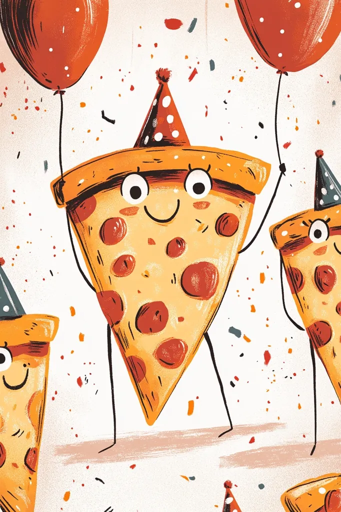 Here's a description of the image:

The illustration depicts a celebratory scene with anthropomorphic pizza slices as the main focus.  A large pizza slice, wearing a party hat and holding onto balloons, is centrally positioned, radiating happiness. Two smaller pizza slices, also wearing party hats, are present, one to the lower left and another to the lower right. The background features confetti and orange balloons, reinforcing the celebratory theme. The style is whimsical and cartoonish, with bold outlines and bright, slightly textured colors. The overall impression is one of playful festivity.