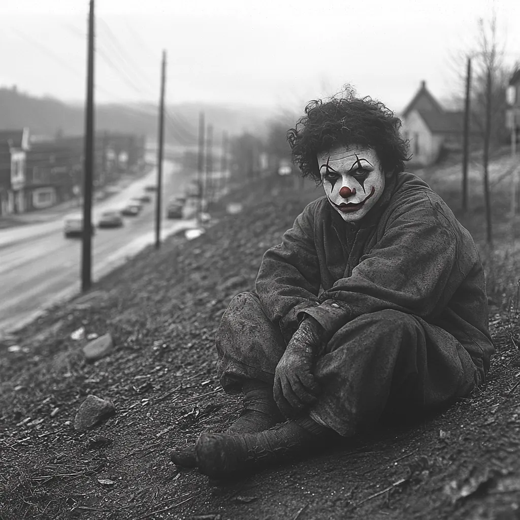 A solitary figure, their face painted as a clown, sits hunched on a dirt embankment.  The grayscale image emphasizes the somber mood, contrasting the playful makeup with the desolate setting.  A road with blurred cars stretches into the background, suggesting isolation.  The clown's attire is dirty and worn, contributing to a feeling of sadness and despair.  The overall atmosphere is one of loneliness and melancholy.