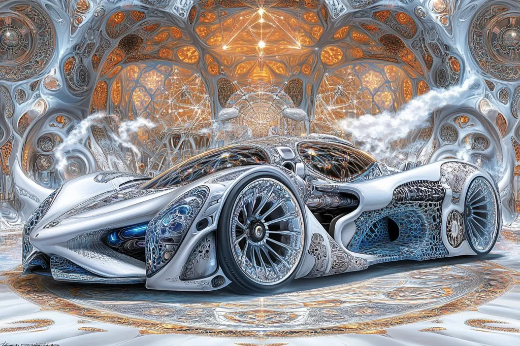 A futuristic, silver sports car is depicted in a surreal, ornate setting. The car's body is intricately designed with a lattice-like pattern, giving it a mechanical and organic feel.  It sits within a fantastical, glowing architectural space, possibly a temple or palace, with swirling, ethereal smoke surrounding it.  The background displays complex, fractal-like designs in shades of orange and white, creating a dreamlike, almost otherworldly atmosphere. The overall image blends science fiction and fantasy aesthetics.