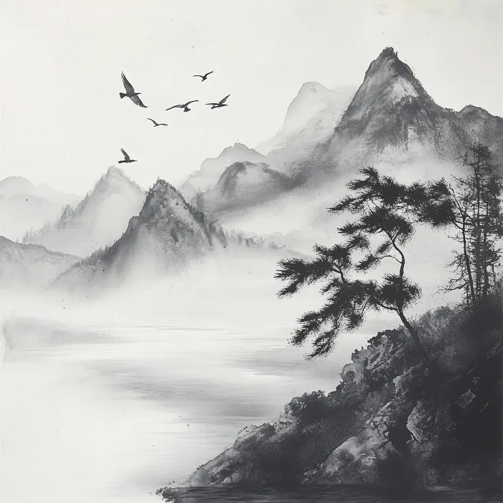 Here's a description of the image:

The monochromatic artwork depicts a serene, misty mountain landscape in the style of East Asian ink painting.  Several birds fly across a pale sky above a range of softly rendered, fog-shrouded mountains.  A dark, silhouetted pine tree stands prominently on a rocky shore beside a calm body of water that stretches towards the mountain range. The overall effect is one of tranquility and atmospheric depth, achieved through subtle gradations of gray and the skillful use of negative space. The style suggests a contemplative and peaceful mood.