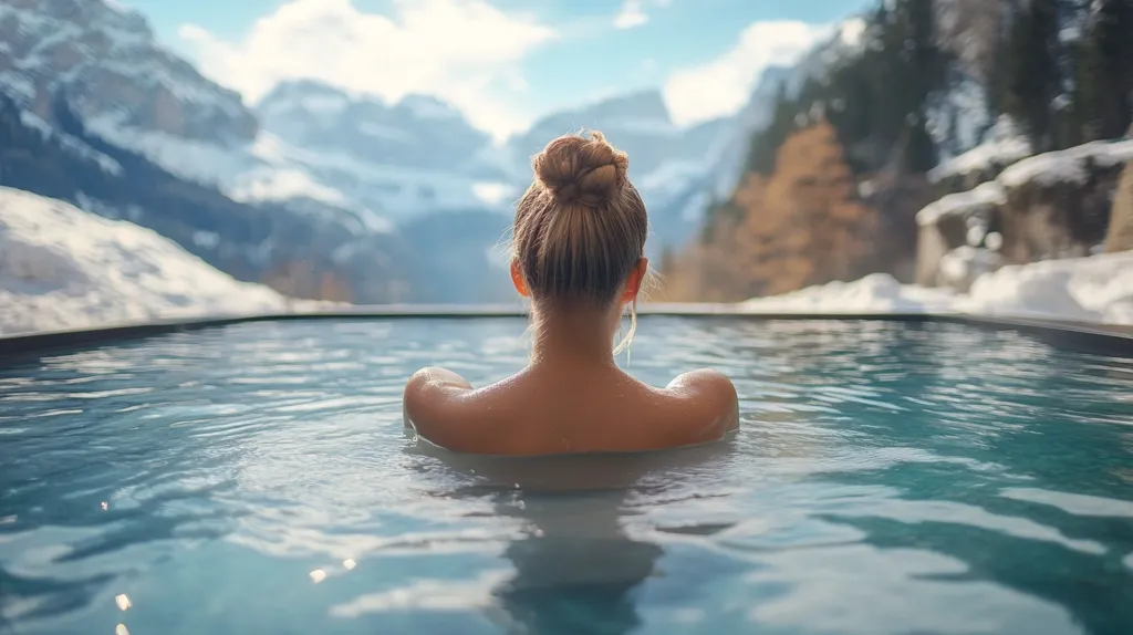 Here's a description of the image:

The photo shows a woman from behind, submerged in a pristine outdoor pool. Her blonde hair is neatly tied up in a bun.  She's enjoying the tranquil scene, her back to the camera, as she relaxes in the clear, blue water. The backdrop is a stunning vista of snow-capped mountains and wintery evergreen trees, creating a picturesque, serene atmosphere. The overall mood suggests peace, relaxation, and the beauty of a luxurious spa experience in a breathtaking natural setting.