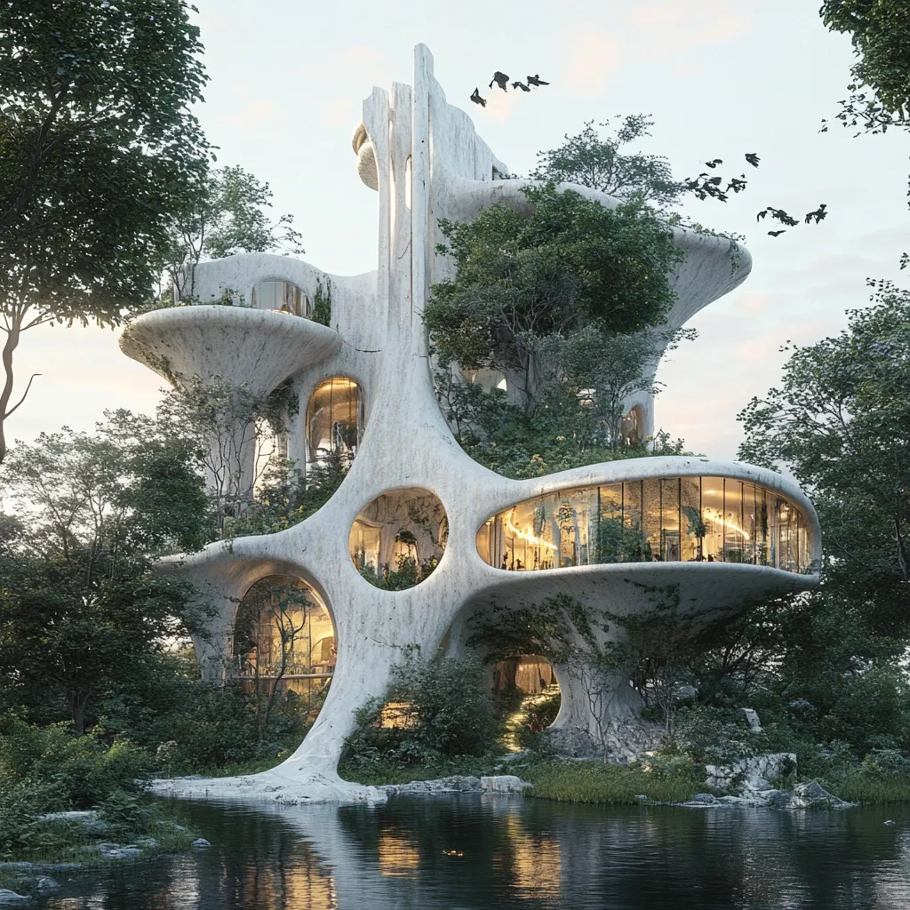 A futuristic, organic structure blends seamlessly with its lush surroundings.  The concrete building, featuring curving lines and large, circular windows, is partially enveloped by trees and greenery.  Interior spaces are visible through the glass, suggesting a communal or residential purpose.  The building stands beside a calm body of water, reflecting the soft evening light, creating a tranquil and harmonious scene. Birds fly overhead, completing the idyllic image.