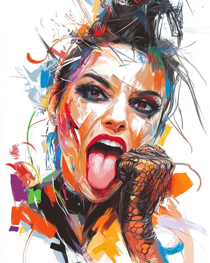 Here's a description of the image:

The artwork is a vibrant, expressive portrait of a woman with dark, tousled hair styled upwards. Her face is painted in a bold, almost abstract style with bright colors, emphasizing her strong features and a provocative expression. Her tongue is sticking out, and she's clenching a fist clad in a black lacy glove. The background is a dynamic swirl of colorful brushstrokes and splashes, adding to the piece's energetic and rebellious feel. The overall style blends realism with abstract expressionism, creating a striking and memorable image.