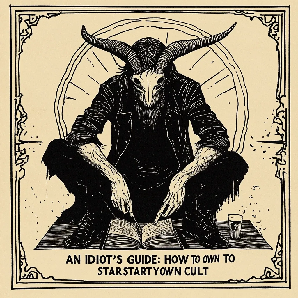 Here's a description of the image:

The image is a black and white woodcut-style illustration.  A horned, goat-like figure, with a skull-like face and long hair, sits cross-legged, studying an open book. He's dressed in a dark jacket and pants.  The figure is centrally positioned within an ornate frame, suggesting a poster or book cover.  A glass sits beside him, and the text below reads "AN IDIOT'S GUIDE: HOW TO OWN TO STAR START YOWN CULT," indicating satirical or darkly humorous content. The overall style evokes a sense of dark fantasy or occult themes.