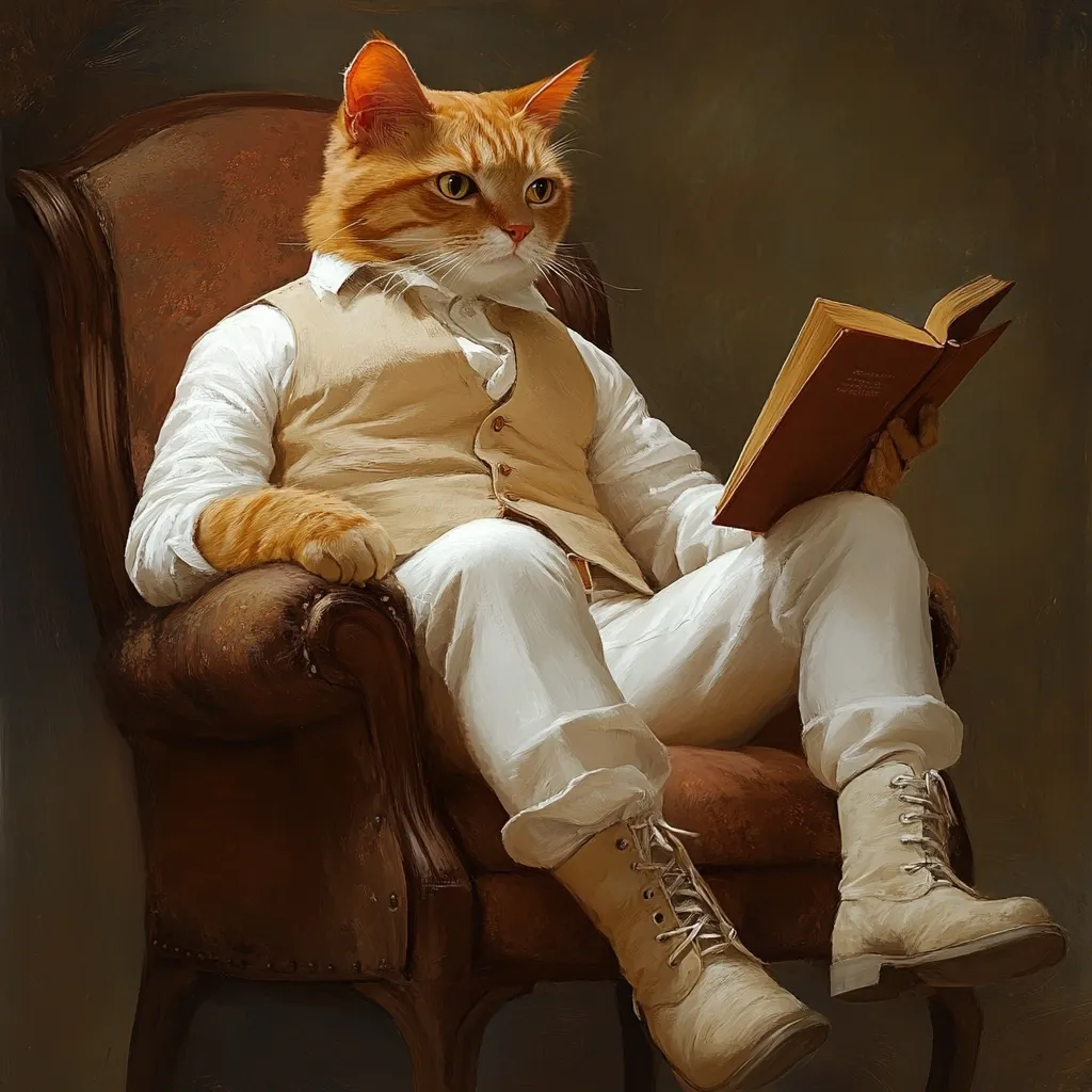 Here's a description of the image:

The painting depicts an orange tabby cat, anthropomorphically dressed in a beige waistcoat, crisp white shirt, and trousers, seated in a brown leather armchair.  The cat holds an antique-looking book, appearing engrossed in its reading.  The cat's expression is thoughtful and serene.  The overall style is reminiscent of a classical portrait, with a rich, dark background highlighting the cat and its attire.  The boots are a light beige, matching the tone of the waistcoat. The setting and attire give the image a sophisticated, almost gentlemanly feel.