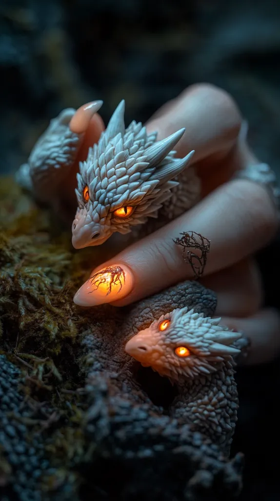 Here's a description of the image:

Close-up view of a hand adorned with intricately detailed, miniature dragon figurines as rings.  The dragons are light grey or white, with textured scales and glowing orange eyes. One dragon perches on a finger, its head slightly tilted, while a smaller dragon rests below. The hand's nails are decorated with glowing designs, possibly nail art, and a small, dark, twig-like detail is visible on the ring finger. The background is dark and blurry, suggesting a mossy or wooded environment. The overall mood is mystical and slightly fantastical, emphasizing the delicate detail of the dragon sculptures.