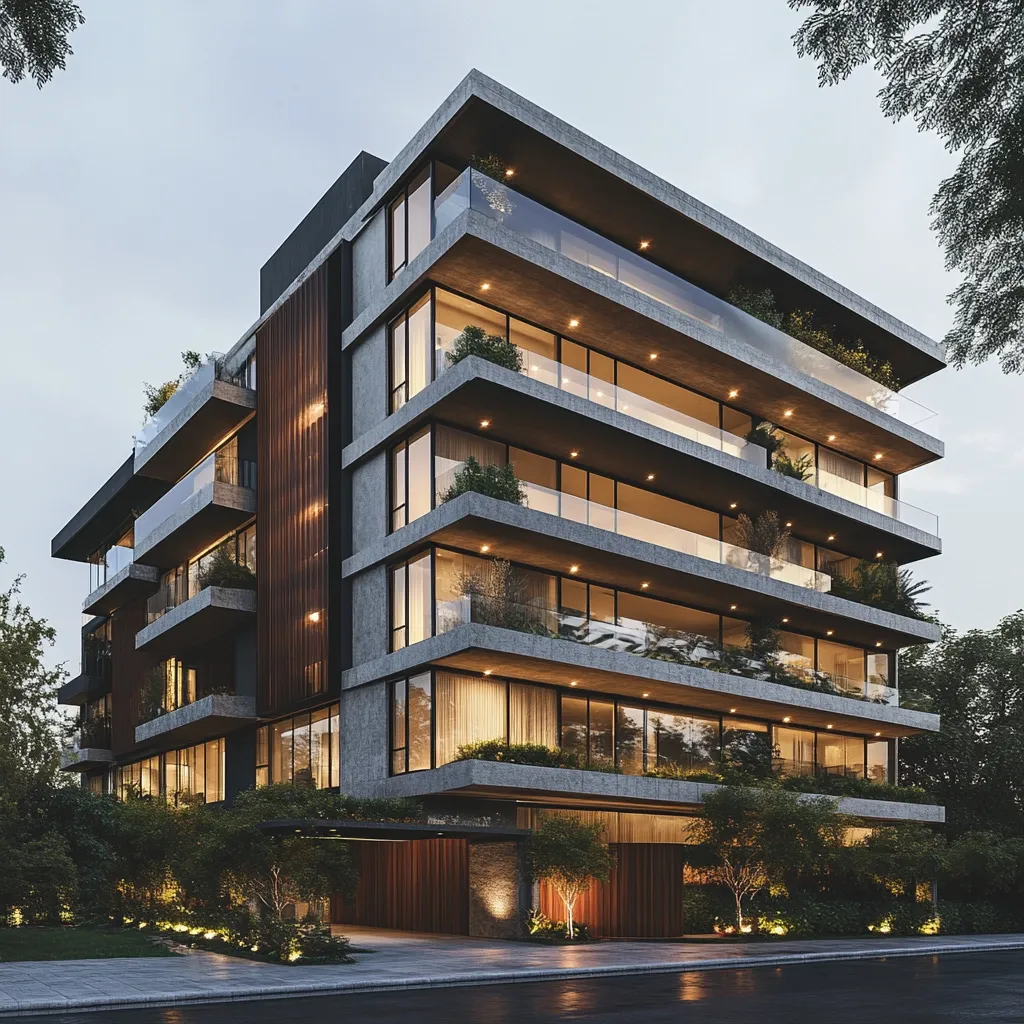 A modern, multi-story apartment building is illuminated at dusk.  The building features a concrete façade, large windows, and multiple levels of private balconies, some adorned with greenery.  A warm, wood-paneled section contrasts with the grey concrete, adding visual interest.  Landscaped grounds surround the building, creating a serene and upscale atmosphere.  The overall design is sleek and sophisticated, embodying contemporary architecture.