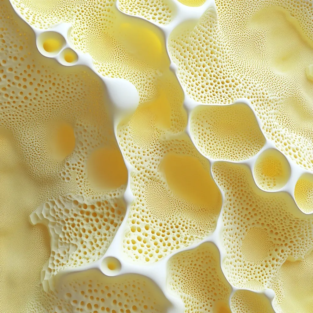The image showcases a highly textured, pale yellow surface resembling a porous, three-dimensional structure.  It's filled with numerous small, evenly distributed holes and larger, irregular cavities creating a complex, almost cavernous landscape. The texture is smooth yet uneven, with peaks and valleys forming an intricate pattern. The overall impression is one of organic complexity, possibly mimicking a natural material like bone or a highly magnified cellular structure. The color is consistent throughout, lending a uniform yet dynamic visual effect.