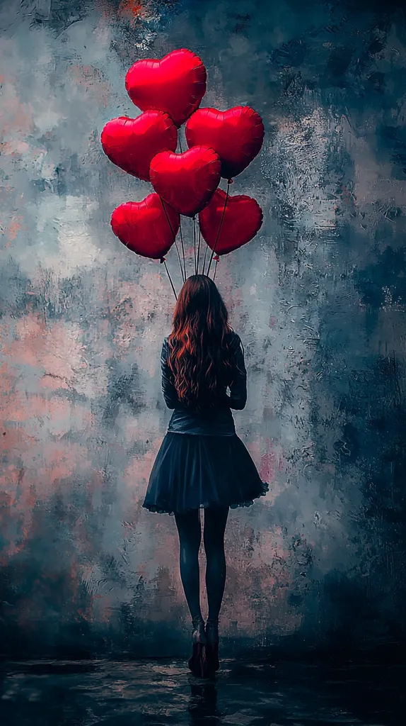 A young woman with long auburn hair, wearing a dark-colored dress and black tights, stands with her back to the viewer against a textured, dark gray-blue wall.  She holds a bunch of heart-shaped red balloons, their glossy surface reflecting light. The overall mood is melancholic and slightly surreal, the contrast between the bright balloons and the muted background emphasizing a sense of loneliness or contemplation. The image has a painterly quality, with visible brushstrokes adding to its artistic feel.