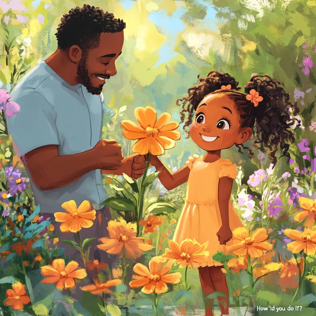 A smiling Black father and daughter share a tender moment in a vibrant flower garden.  The father, with a gentle expression, presents a bright orange flower to his daughter, who beams with delight.  Surrounded by a profusion of colorful blossoms, the scene evokes warmth, love, and the joy of shared experiences in nature.  The art style is soft and painterly, with a focus on cheerful colors and expressive characters.
