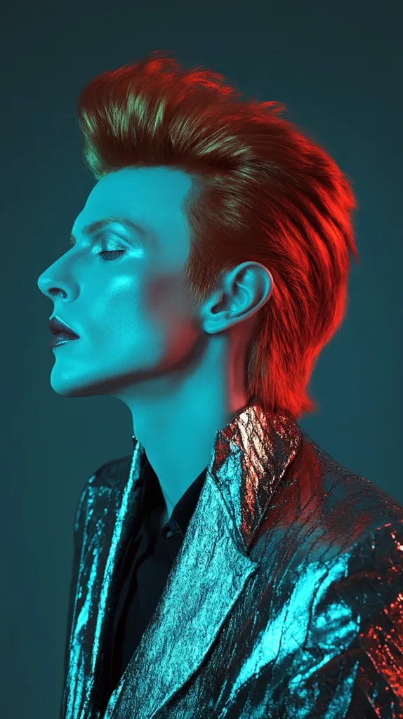 Here's a description of the image:

The image is a fashion portrait of a person with a striking, stylized look.  They have vibrant red hair styled in a high, textured quiff. Their face is illuminated with teal light, creating a dramatic contrast against their hair. They wear a shimmering, teal-colored metallic jacket, adding to the overall futuristic and artistic feel. The background is a deep teal, further emphasizing the subject and their bold aesthetic. The overall mood is one of high fashion and artistic expression.