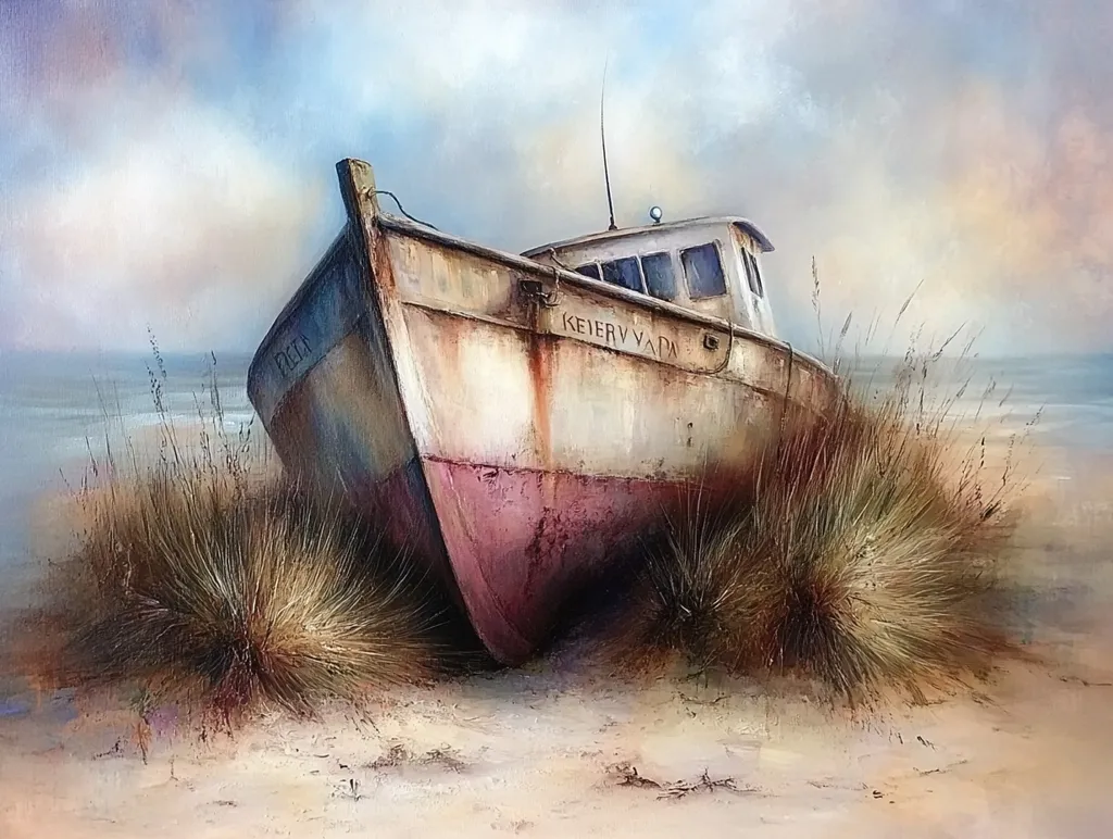 A weathered, white and reddish-brown boat rests on a sandy beach, partially submerged in the sand.  The boat, named "KEIER VADA," shows signs of age and neglect.  Tall, dry grasses surround the vessel, adding to the scene's desolate beauty.  The muted colors of the sky and sea create a peaceful, yet slightly melancholic mood.  The overall style is painterly and evocative, focusing on texture and atmosphere.