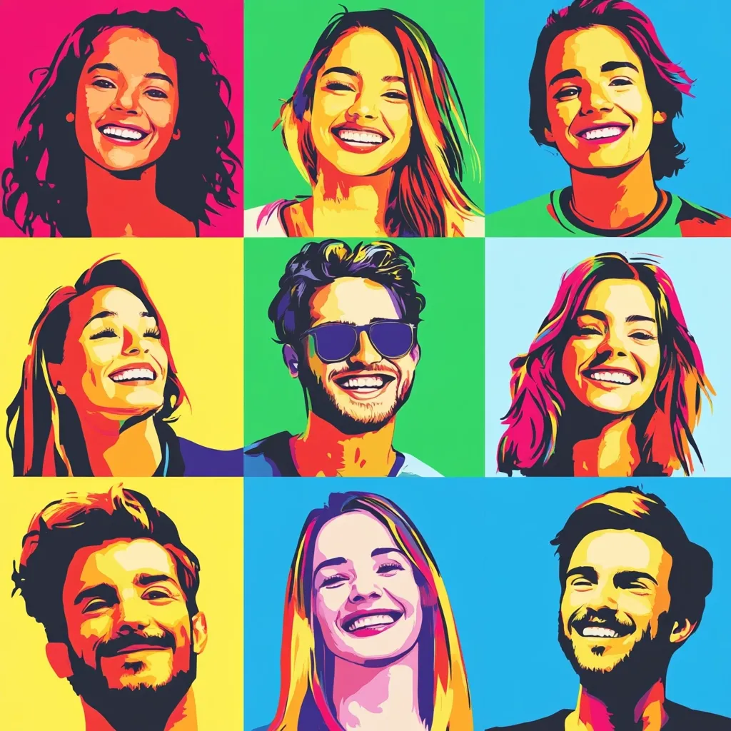 Here's a description of the image:

The image showcases nine stylized portraits, arranged in a 3x3 grid against a vibrant pop art background. Each portrait features a young adult, with a mix of men and women, their expressions ranging from happy smiles to joyful laughter. The artistic style employs bold outlines, bright, contrasting colors reminiscent of Roy Lichtenstein's work, and simplified shading, giving a comic-book feel. The diverse individuals are presented in a uniformly bold and energetic manner, creating a visually striking composition.