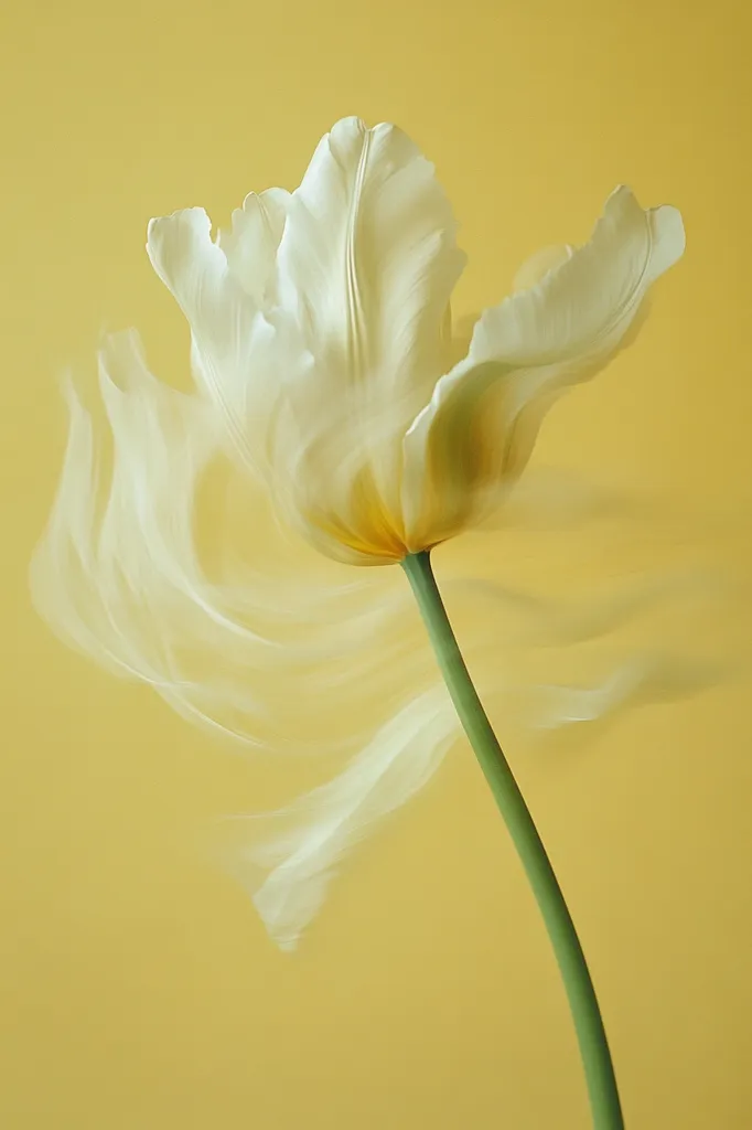 Here's a description of the image:

The photograph showcases a single, pale cream-colored tulip against a muted yellow backdrop.  The tulip's petals are softly blurred, creating a sense of motion and ethereal lightness, as if caught in a gentle breeze.  The stem is slender and green, extending elegantly from the flower.  The overall effect is one of delicate beauty and tranquility, with the soft focus and color palette contributing to a dreamlike, almost surreal quality.