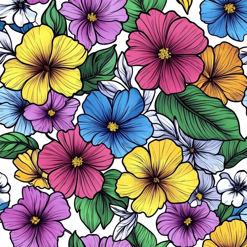 Here's a description of the image:

The image is a vibrant, seamless pattern of stylized flowers on a white background.  A profusion of blossoms in various colors, including yellow, pink, purple, and blue, are densely arranged. The flowers are intricately detailed with bold outlines and shading, creating a graphic, almost cartoonish effect.  The leaves are a deep green, adding contrast and visual interest.  The overall style is bold and cheerful, suggesting a playful and energetic aesthetic.  The pattern is well-suited for textile prints, wallpapers, or other decorative applications.